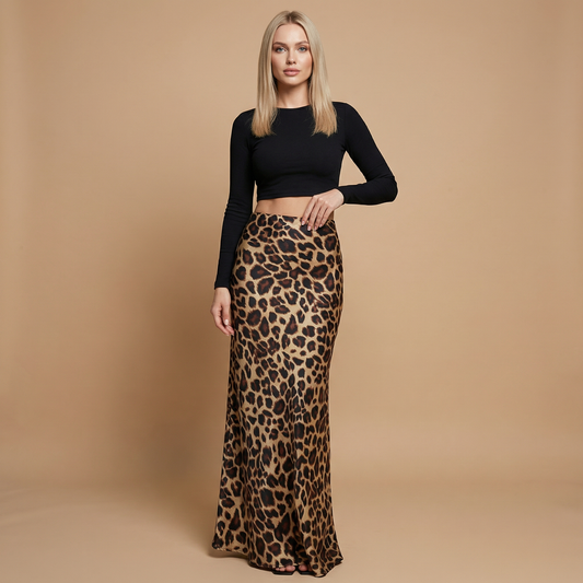 Women’s Leopard Print Midi Skirt - High Waist Silhouette Velnoa